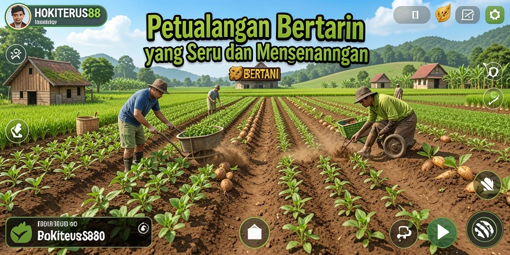 Antarmuka menarik dari game bertani HOKITERUS88 yang menampilkan ladang penuh tanaman.